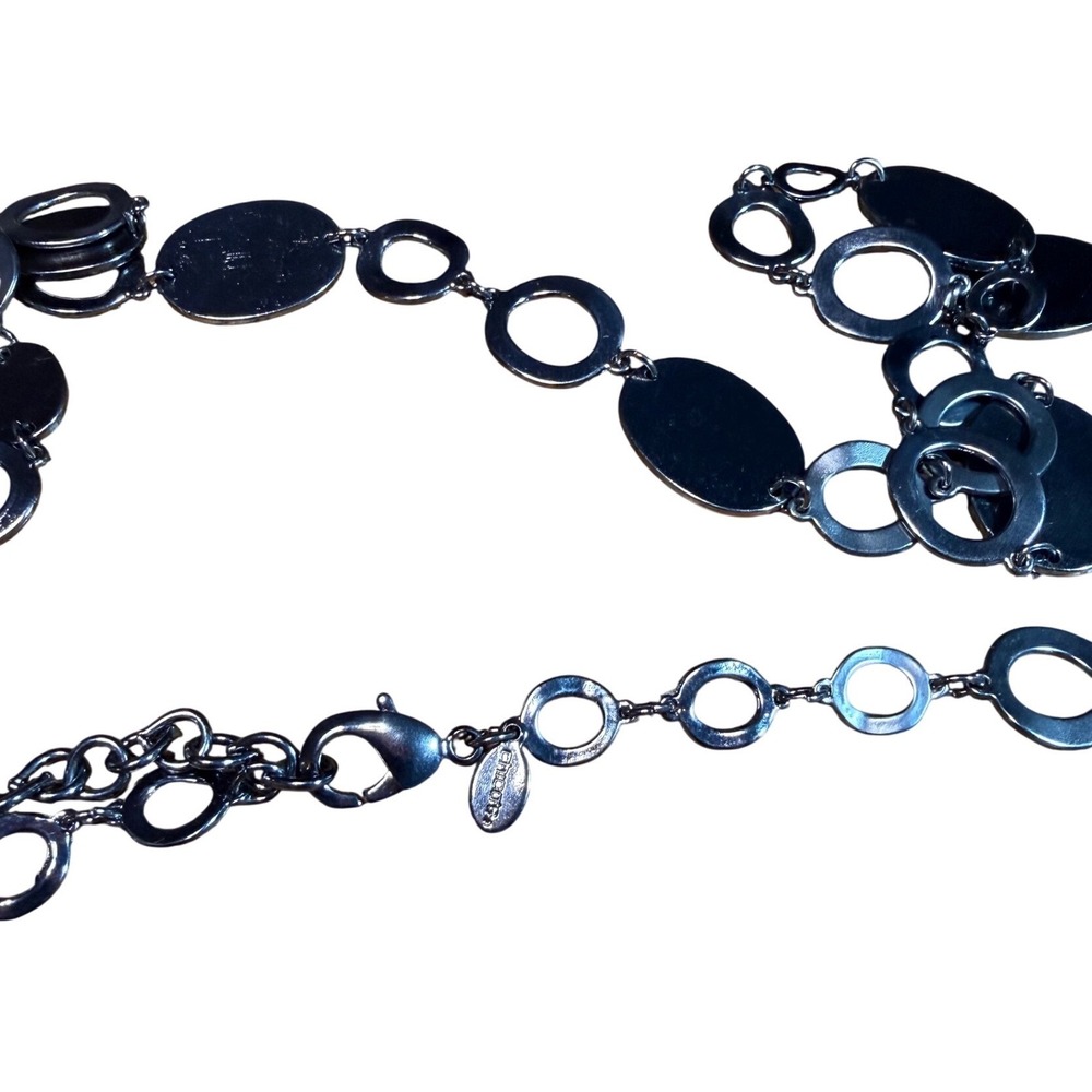 Chicos Long Black Gunmetal Statement Necklace Double Strand Geometric Oval Links - Picture 4 of 5